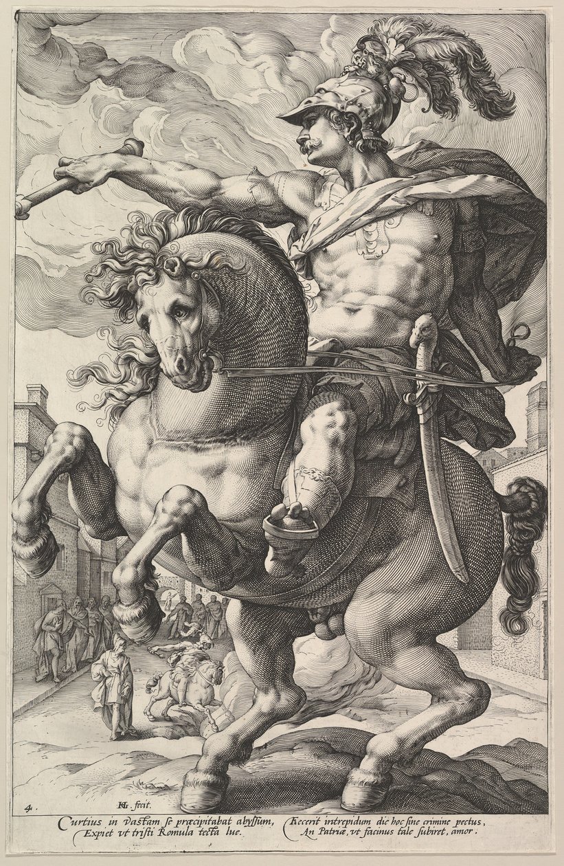 Marcus Curtius, sarjasta The Roman Heroes, 1586. tekijältä Hendrik Goltzius