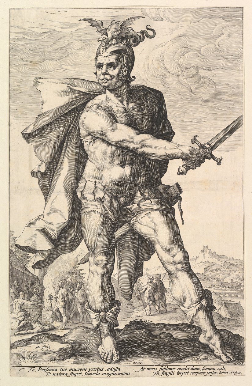 Mucius Scaevola, sarjasta The Roman Heroes, 1586 tekijältä Hendrik Goltzius