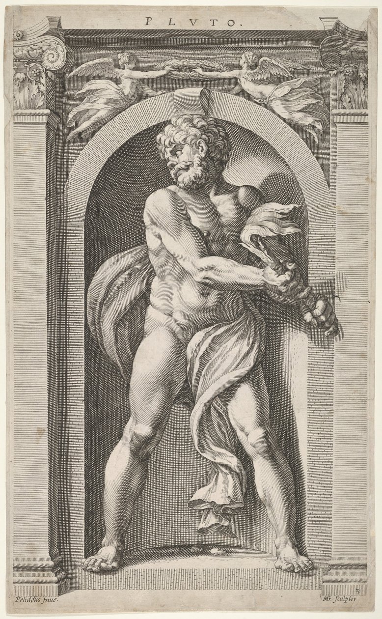 Pluto hahmon, neljän pään ja pylvään luonnoksilla, 1592. tekijältä Hendrik Goltzius