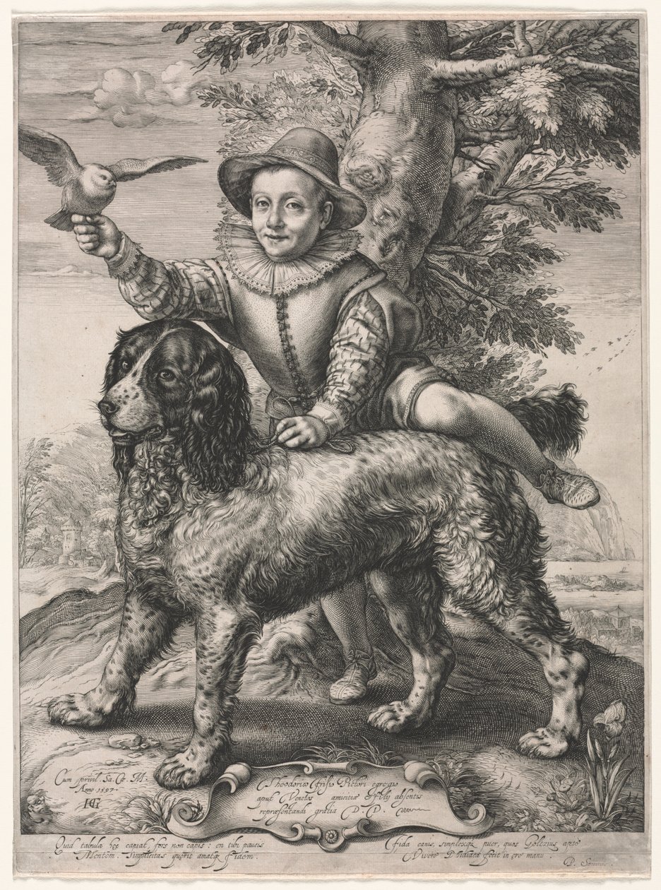 Frederick de Vriesin ja hänen koiransa muotokuva, 1597. tekijältä Hendrik Goltzius
