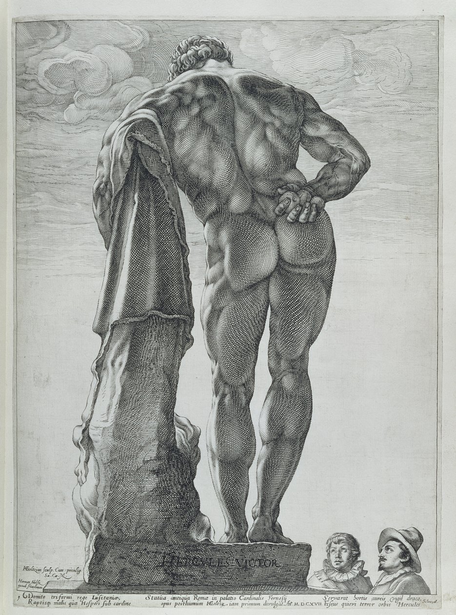 Farnese Herculesin takaa (kuparikaiverrus) tekijältä Hendrik Goltzius