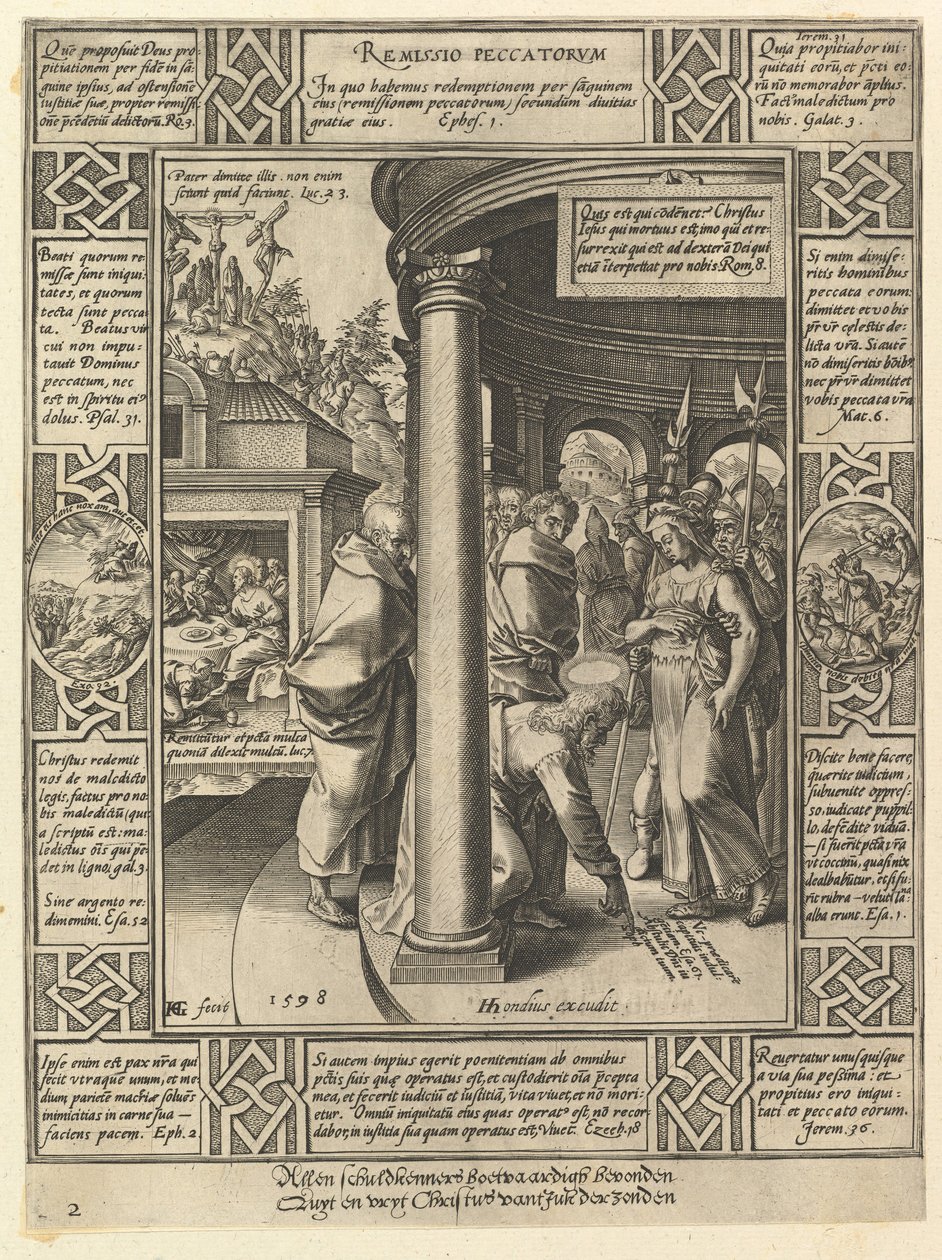 Syntien anteeksisaaminen, kristillisen uskontunnustuksen vertauskuvista, 1598 tekijältä Hendrik Goltzius