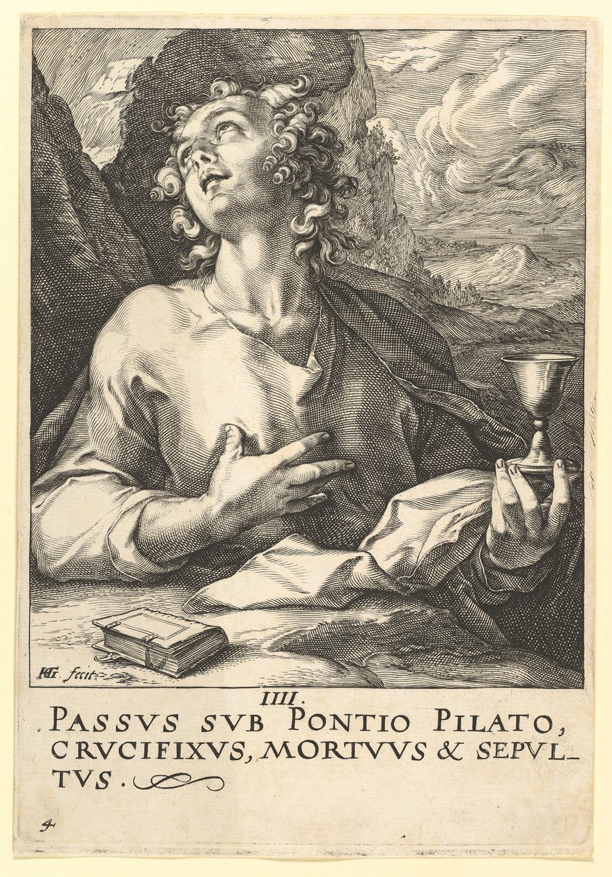 Pyhä Johannes, Kristuksesta, Apostoleista ja Pyhästä Paavalista uskontunnustuksen kanssa, n. 1589. tekijältä Hendrik Goltzius