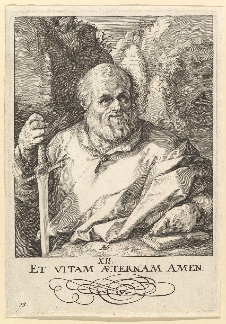 Pyhä Mattias, Kristuksesta, Apostoleista ja Pyhästä Paavalista uskontunnustuksen kanssa, n. 1589. tekijältä Hendrik Goltzius