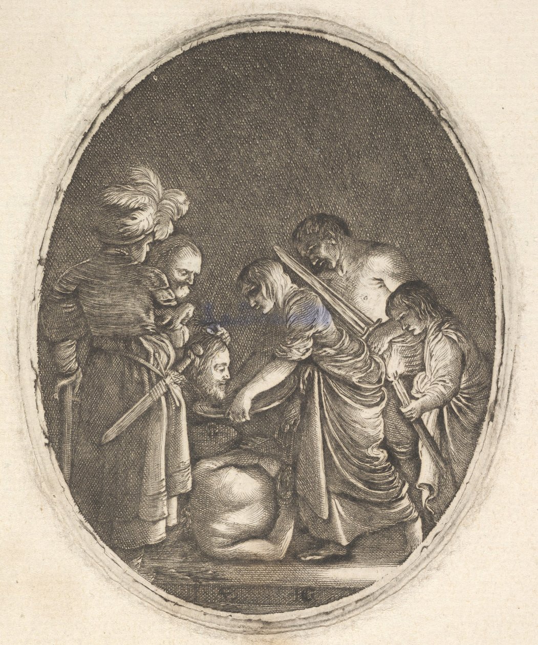 Salome saa Johannes Kastajan pään, kolmen miehen ja lapsen ympäröimänä..., n. 1610. tekijältä Hendrik Goudt