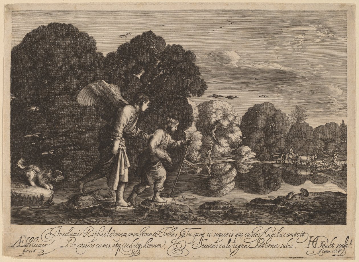 Tobias ja enkeli (Pikku Tobias) tekijältä Hendrik Goudt after Adam Elsheimer