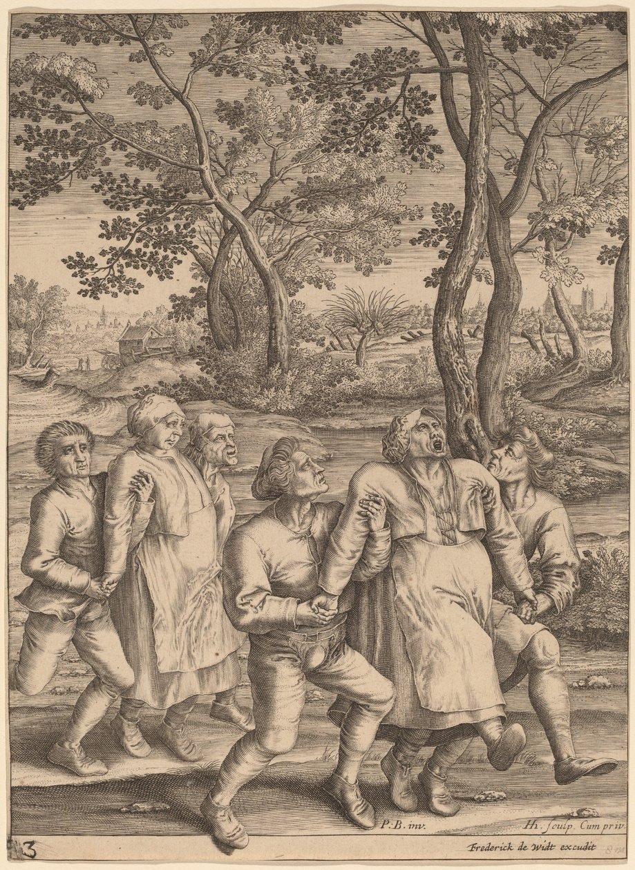 Epileptikot kävelevät oikealle tekijältä Hendrik Hondius I after Pieter Bruegel the Elder