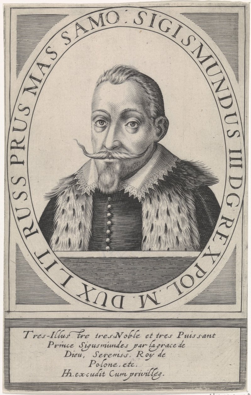 Puolan kuninkaan Sigismund III Vaasan muotokuva 1566-1632, 1608 tekijältä Hendrik Hondius the Elder