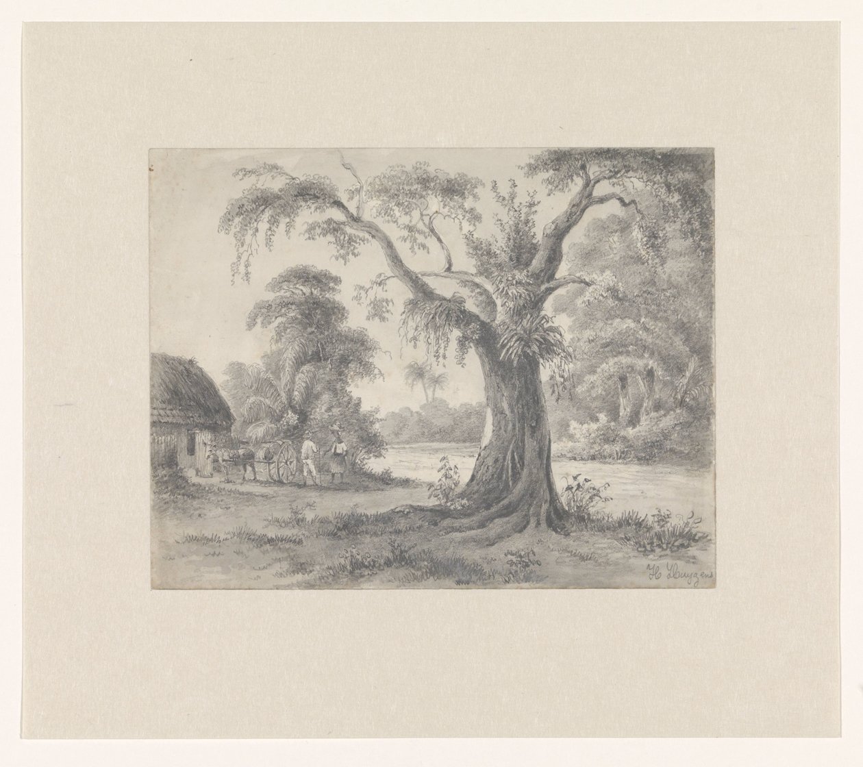 Maisema, jossa on puu ja kota, hevonen ja vaunut sekä kaksi hahmoa tekijältä Hendrik Huygens (signed by artist)