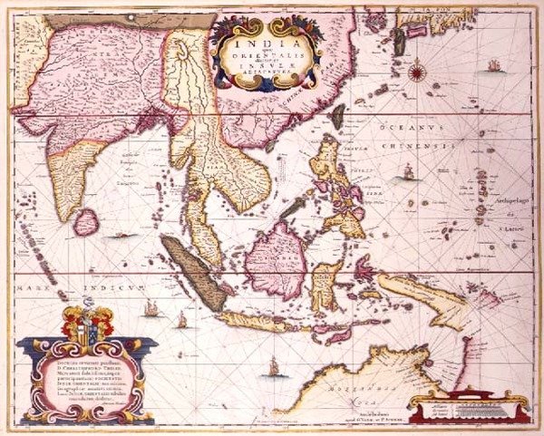 Yleinen kartta Intiasta Etelä-Japaniin ja Pohjois-Australiaan Indonesian saariston ja Filippiinien kautta, n. 1700 (värikaiverrus) tekijältä Hendrik I Hondius
