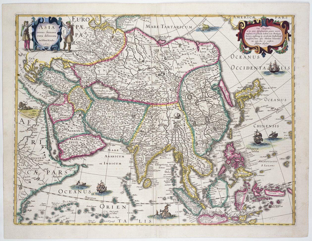 Yleinen kartta sisältää Arabian, Japanin, Korean niemimaan ja suurimman osan Indonesian saaristosta, 1631 (värikaiverrus) tekijältä Hendrik I Hondius