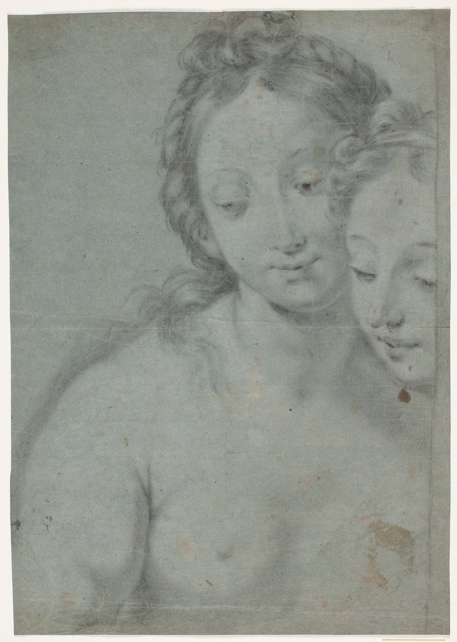Kaksi naispäätä. Studies for the Right Half in Carlo Maratta Painter: Omakuva Marquese Pallavicinin kanssa, stourhead, National Trust, Englanti (viite Arte Antica e Moderna, 1961, nro 181) tekijältä Hendrik Krock