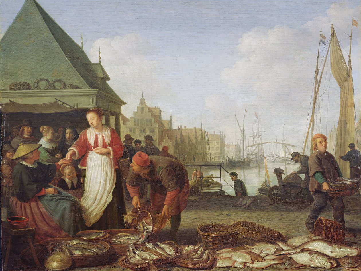 Rotterdamin kalamarkkinat (öljy tammipaneeliin) tekijältä Hendrik Martensz Sorgh