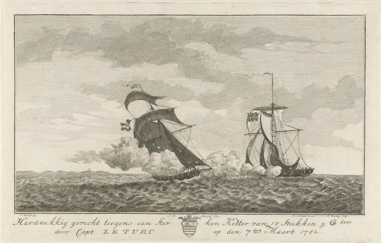 Taistelu vahvaa leikkuria vastaan, 1782 Kova taistelu vahvaa 18 kappaleen Kotteria vastaan ​​(...), kapteeni: Le Turc 7. maaliskuuta 1782 (otsikko esineessä) tekijältä Hendrik Roosing