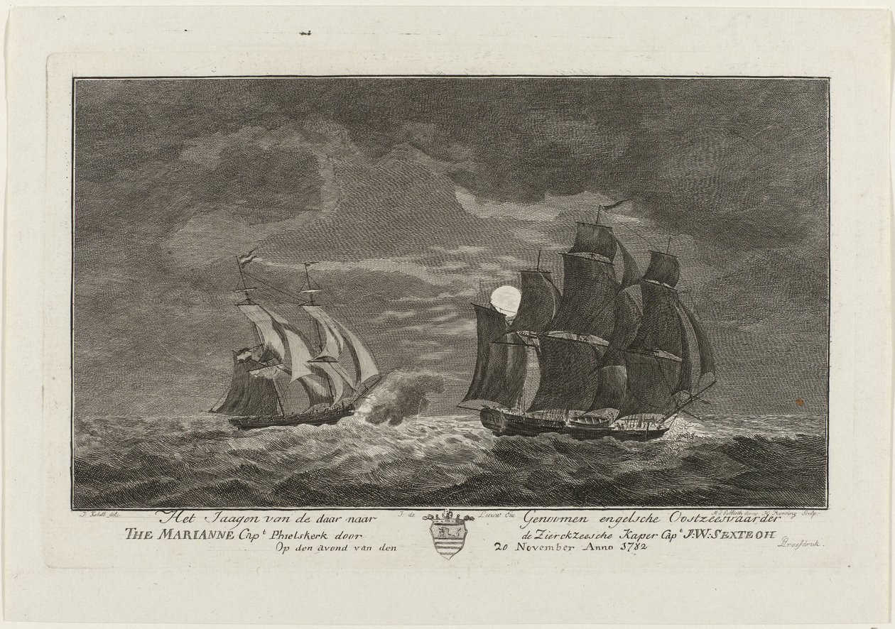 Sextroh Hunts on Marianne, 1782 Englantilaisen Itämerenkulkijan metsästys Genomeihin Marianne Capt. Philskerk, Zierikzeesche Kaper kapteeni. J:W:Sextroh Iltana 20. marraskuuta Anno 1782 (otsikko esineessä) tekijältä Hendrik Roosing
