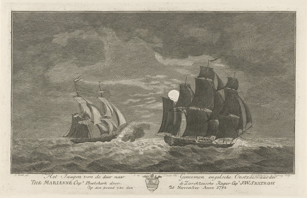 Sextroh Hunts on Marianne, 1782 Englantilaisen Itämerenkulkijan metsästys Genomeihin Marianne Capt. Philskerk, Zierikzeesche Kaper kapteeni. J:W:Sextroh Iltana 20. marraskuuta Anno 1782 (otsikko esineessä) tekijältä Hendrik Roosing