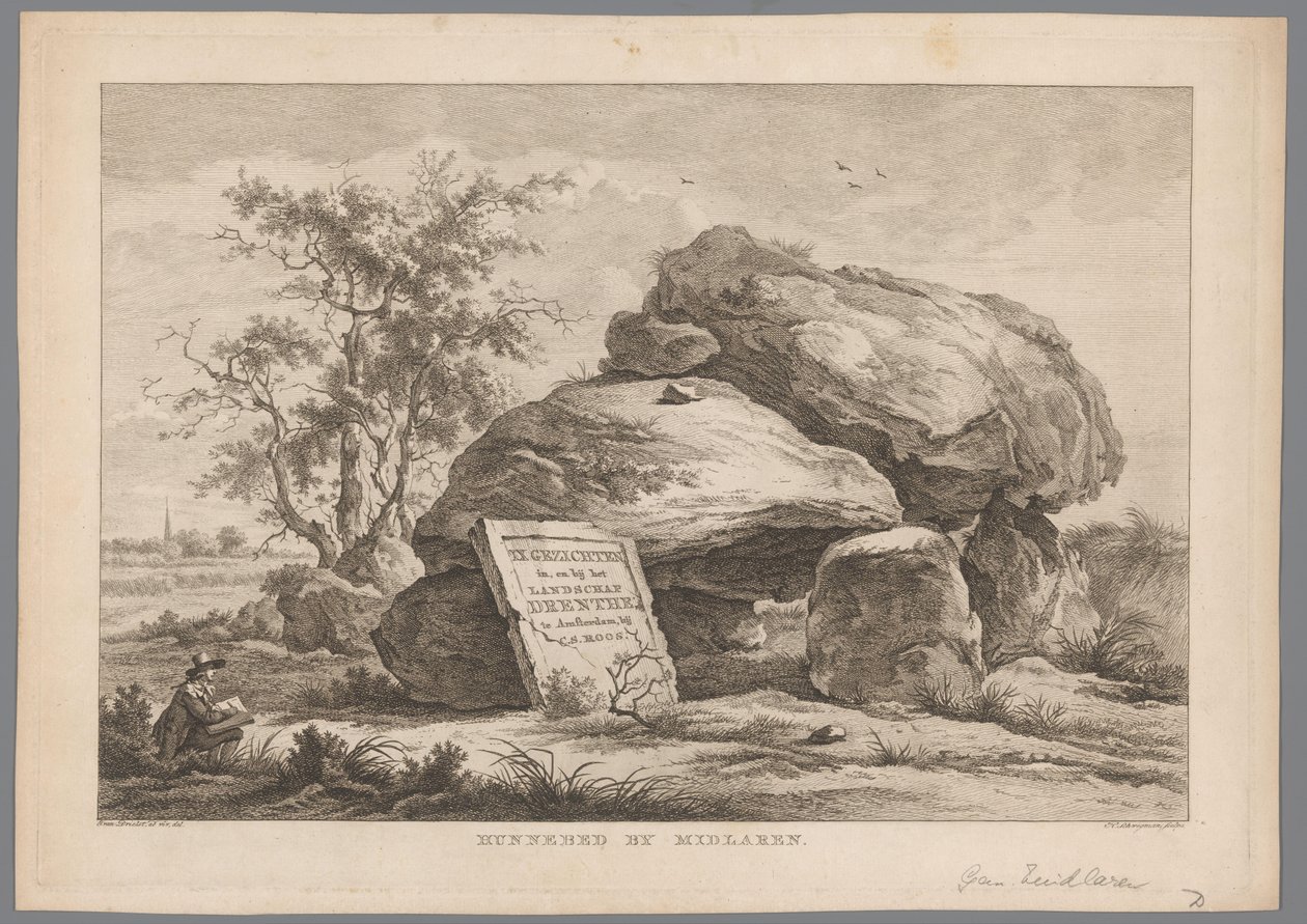 Dolmen lähellä Midlarenin kylää Hunnebed by Midlaren (otsikko esineessä) Drenthen yhdeksän kasvoa (sarjan nimi) IX Kasvot Drenthen maisemaan ja sen lähellä (sarjan nimi esineellä) tekijältä Hendrik Schwegman