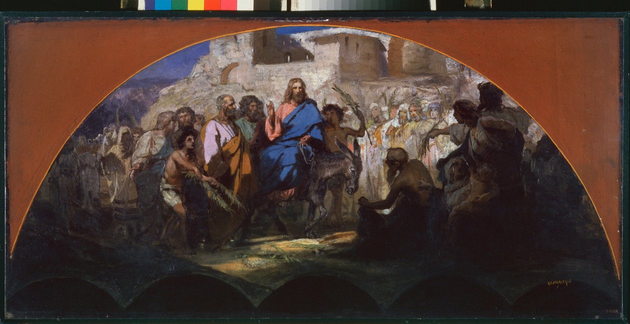 Kristuksen tulo Jerusalemiin. (ratsastaa aasilla, heiluttaen ja laittamalla oksia tielleen väkijoukon ympäröimänä). Henryk Siemiradzkin (1843-1902) työ, öljy pahville tekijältä Henryk Siemiradzki
