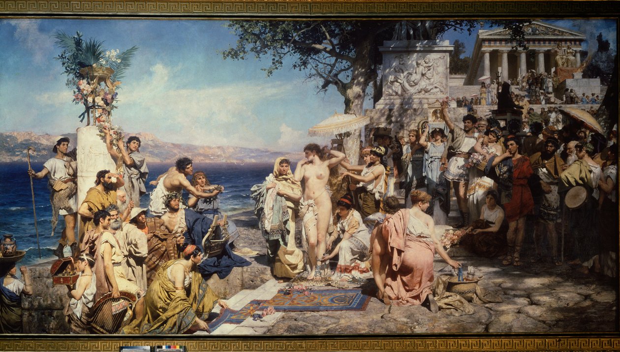Phryne Poseidonin juhlissa Eleusiksessa (Kreikka). Henryk Siemiradzkin (1843-1902) maalaus öljy kankaalle tekijältä Henryk Siemiradzki