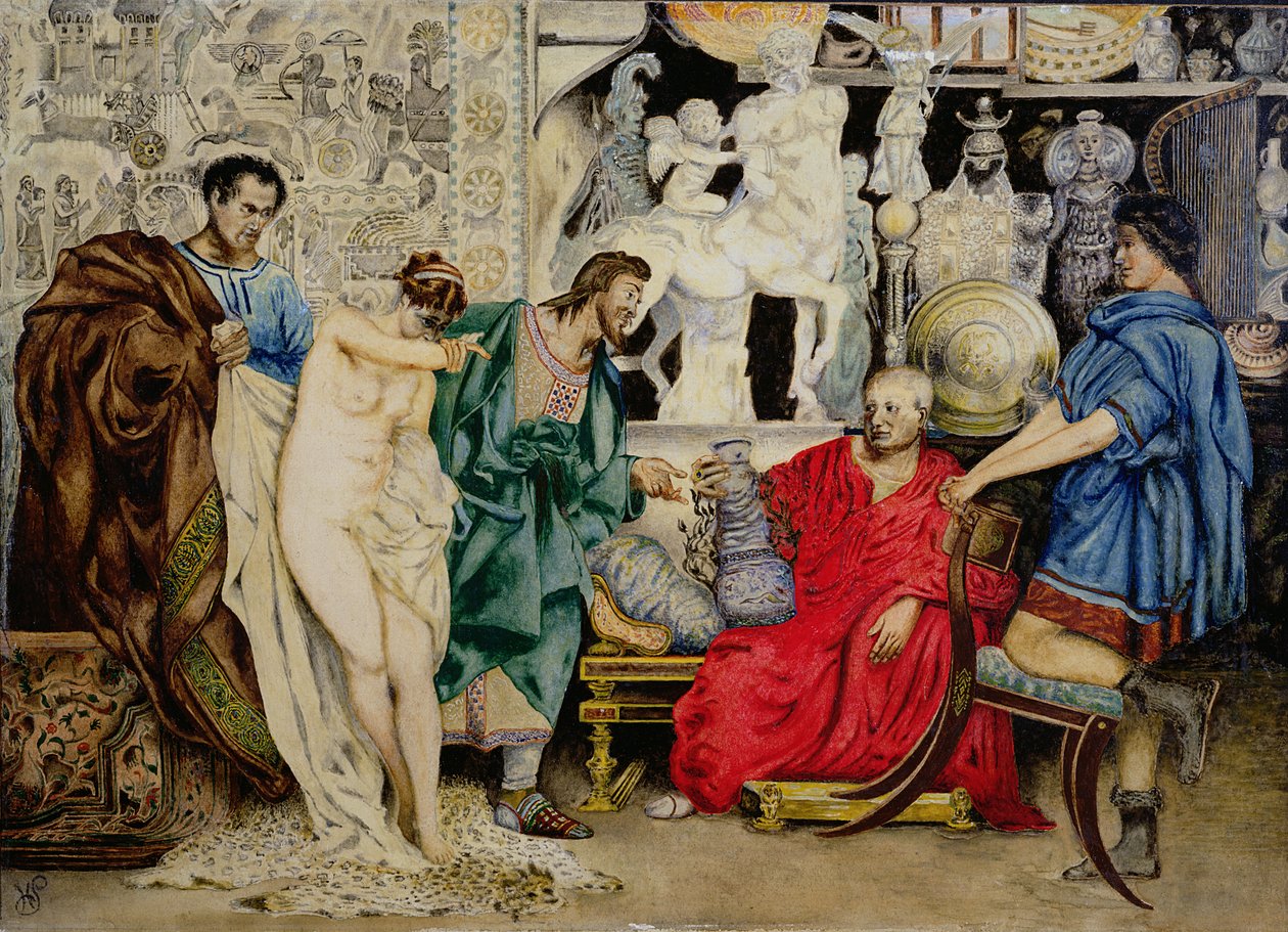 "Valinta naisorjan tai maljakon välillä", kuva "La Femme Esclave;", julkaistu Wienissä, 1878 tekijältä Henryk Siemiradzki