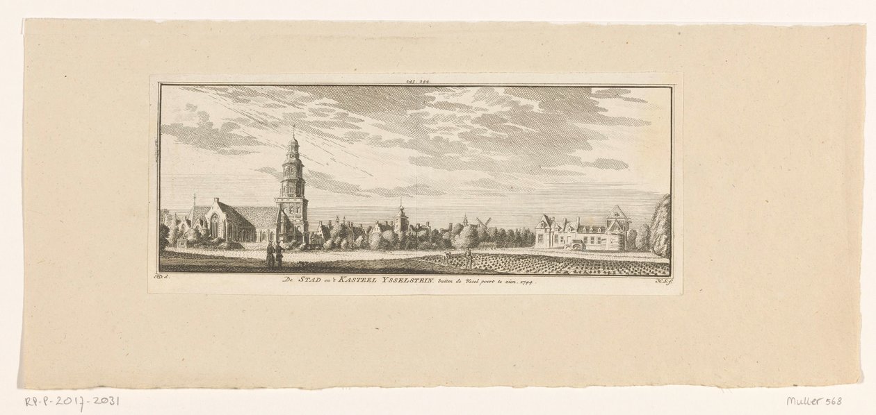 Näkymä IJsselsteiniin, 1774 Ysselsteinin kaupunki ja linna nähtynä Ysselin portin ulkopuolella. 1744 (otsikko esineessä) tekijältä Hendrik Spilman