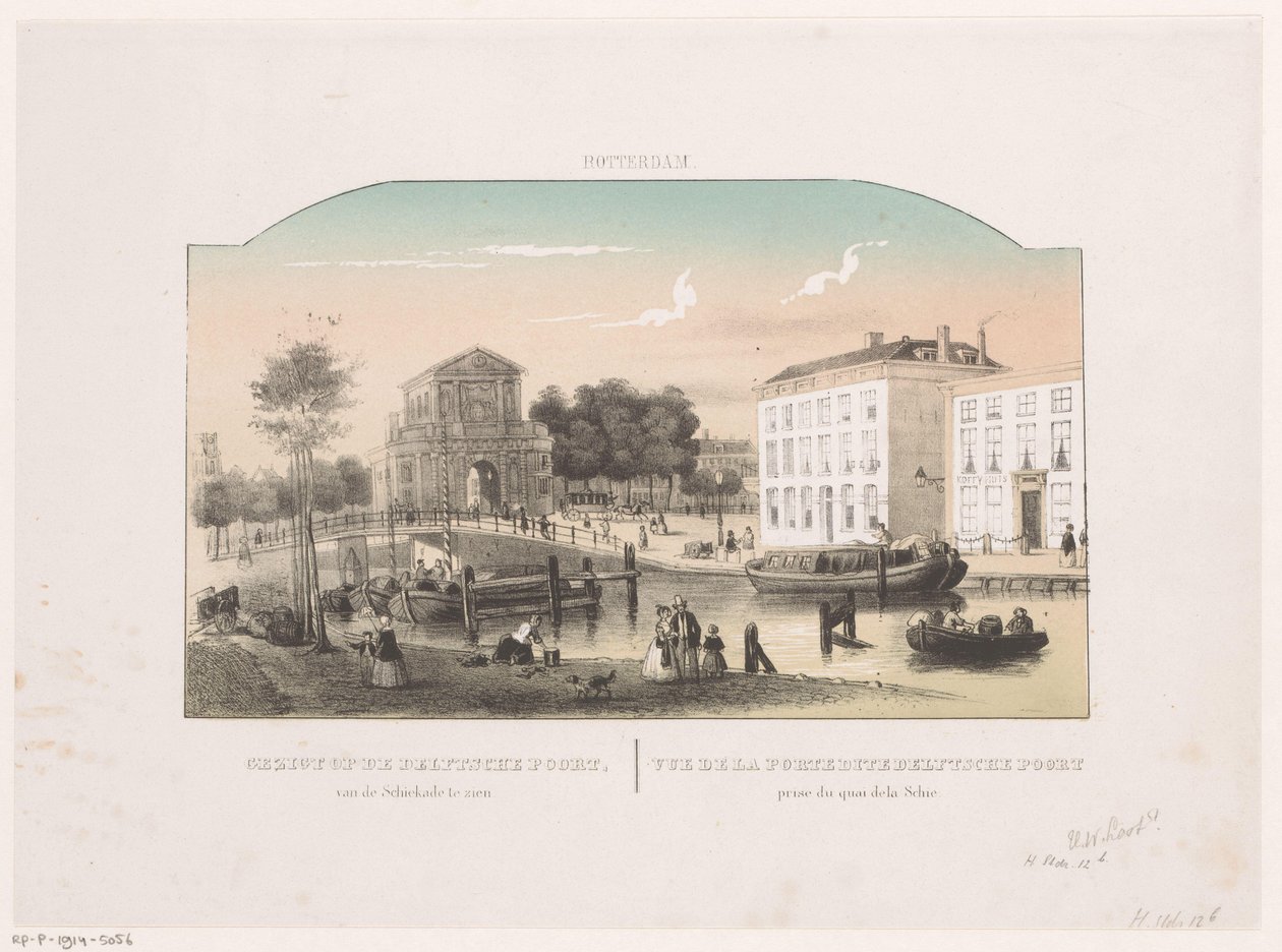 Näkymä Delftse Poortille Rotterdamissa Näkymä Delftsche Poortille, nähtynä Schiekadesta (otsikko esineessä) Rotterdam (sarjan nimi esineellä) tekijältä Hendrik Wilhelmus Last (attributed to)