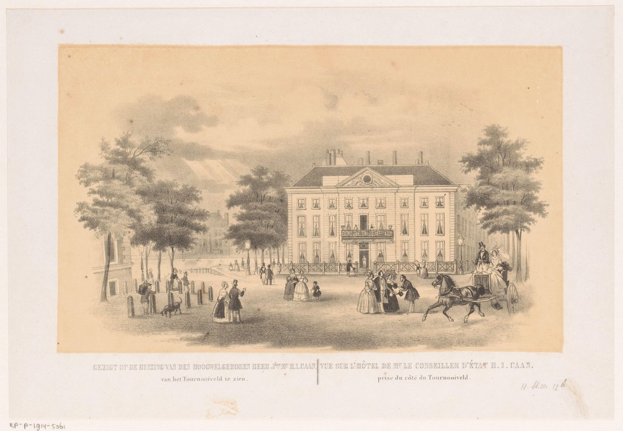 Näkymä Herenlogement van Dordrechtin Tournooiveldistä Haagissa noin 1850 Näkymä erittäin hyvin syntyneen herra jhr. herra H. I. Caanin talosta, näkyy Tournooiveldistä (otsikko esineessä) tekijältä Hendrik Wilhelmus Last (attributed to)