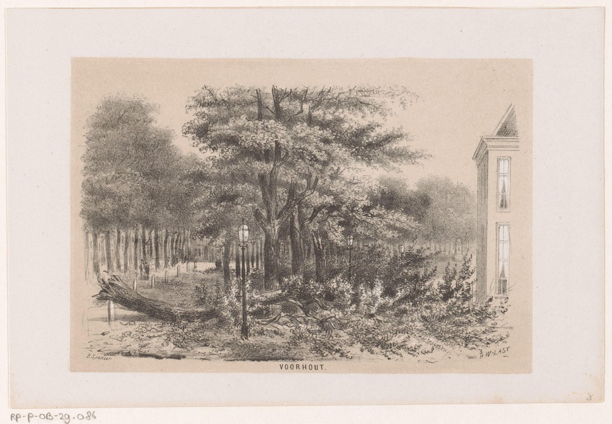 Puu kaatui Voorhoutin lähellä 28. toukokuuta 1860 myrskyn jälkeen Voorhout (otsikko objektissa) Albumi kymmenestä litografoidusta luonnoksesta, jotka kuvaavat Tooneelen of the Destruction, 28. toukokuuta 1860 myrskyn kiihottamana Gravenhaagsche Boschissa S tekijältä Hendrik Wilhelmus Last