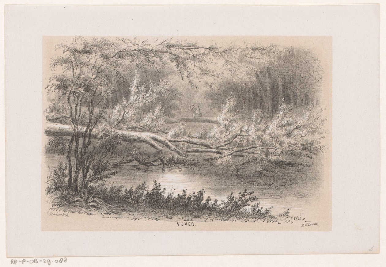 Puu kaatui 28. toukokuuta 1860 myrskyn jälkeen Lampi (otsikko esineessä) Albumi kymmenestä litografoidusta luonnoksesta, jotka kuvaavat Tooneelen of the Destruction, 28. toukokuuta 1860 myrskyn kiihottamana Gravenhaagsche Boschissa Scheveningenissä jne. ( tekijältä Hendrik Wilhelmus Last