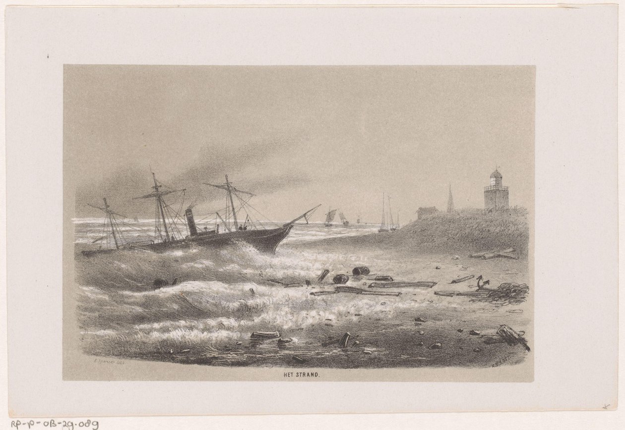 Laiva pulassa rannalla 28. toukokuuta 1860 myrskyn aikana The Beach (otsikko esineessä) Albumi kymmenestä litografoidusta luonnoksesta, jotka kuvaavat Tooneelen of the Destruction, 28. toukokuuta 1860 myrskyn kiihottamana Gravenhaagsche Boscissa tekijältä Hendrik Wilhelmus Last