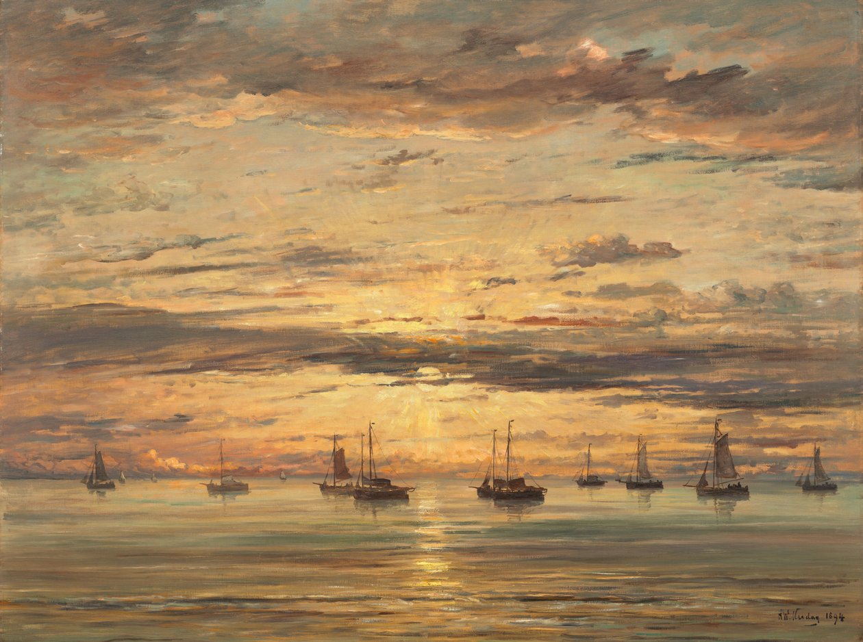 Auringonlasku Scheveningenissä: Kalastusalusten laivasto ankkurissa, 1894. tekijältä Hendrik Willem Mesdag