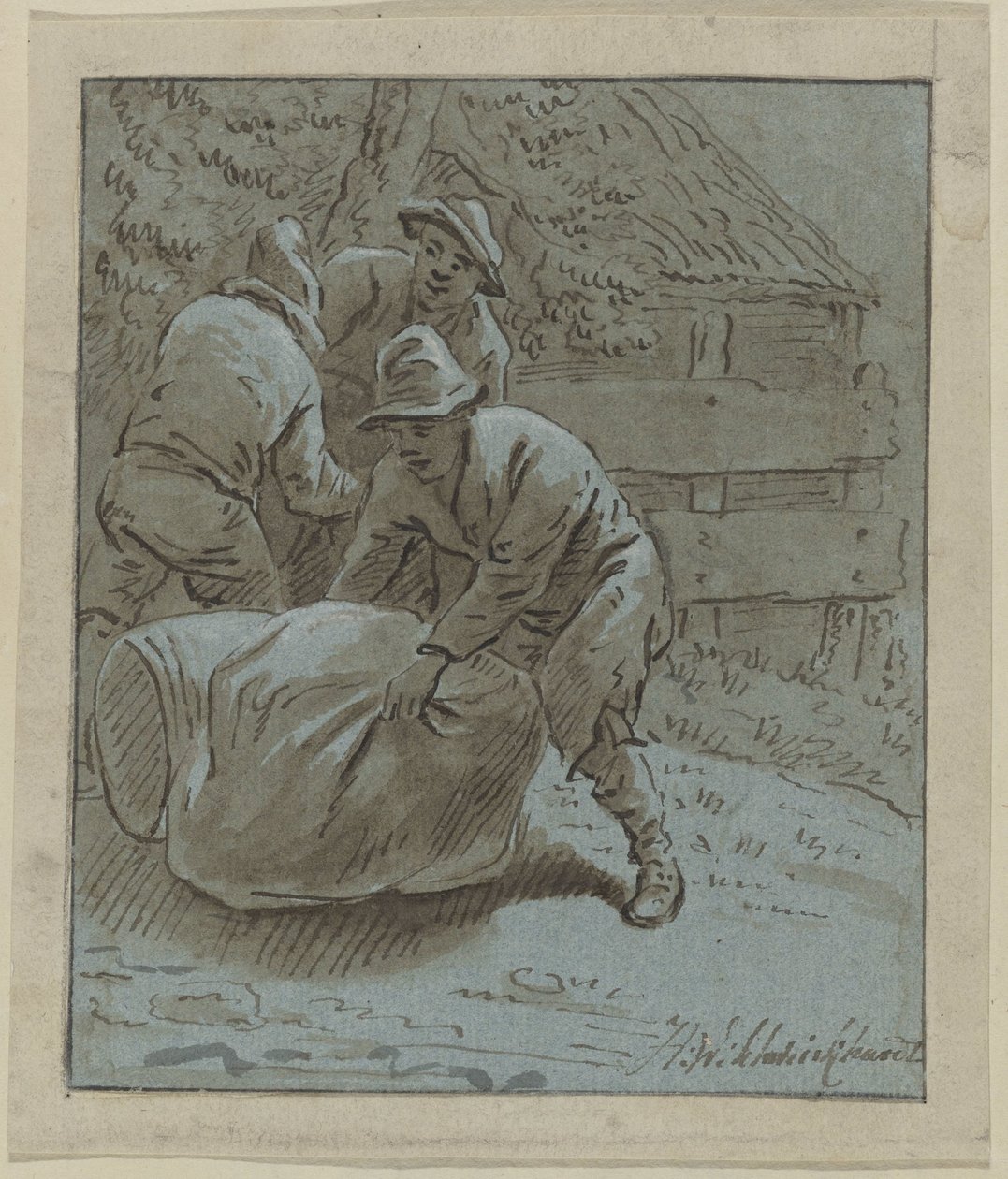 Kolme miestä maisemassa makaavan tynnyrin ja laukun kanssa tekijältä Hendrik Willem Schweickhardt (signed by artist)