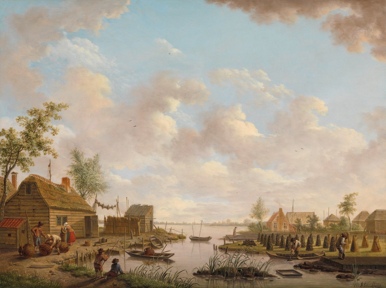 Maisema, jossa kalastajat ja maanviljelijät louhivat turvetta suossa Maisema kalastajien ja turvetta leikkaavien maanviljelijöiden kanssa matalassa nummissa tekijältä Hendrik Willem Schweickhardt