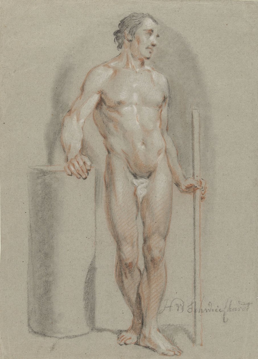 Seisova mies alaston, keppi kädessään, nojaten studiosylinteriin tekijältä Hendrik Willem Schweickhardt
