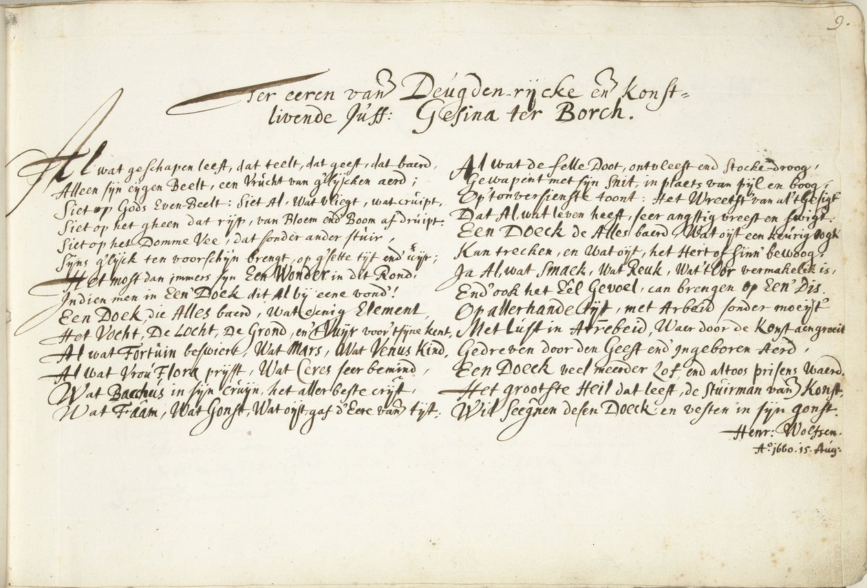 Hymni Gesina ter Borchin kunniaksi Den Deugden-rijcken ja den Konstlivende Juffin kunniaksi: Gesina ter Borch (nimi esineessä) tekijältä Hendrik Wolfsen (signed by artist)