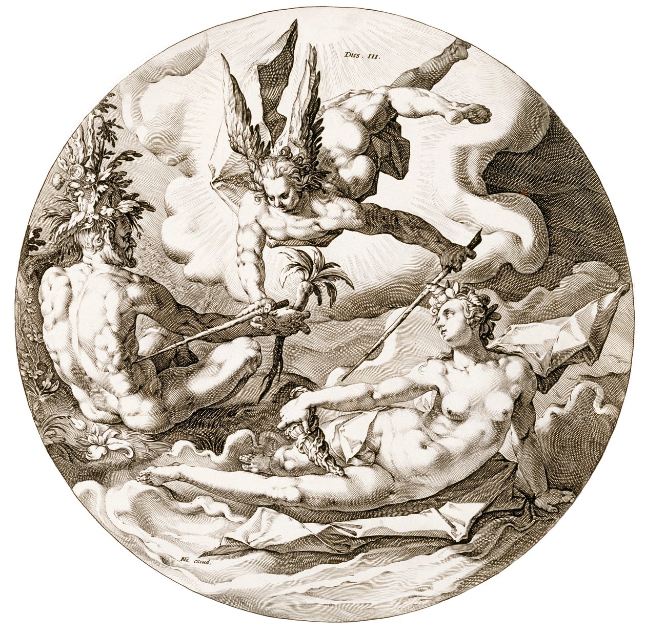 Päivä III, Vesien erottaminen, sarjasta The Six Days of Creation, 1589 tekijältä Hendrik after Goltzius