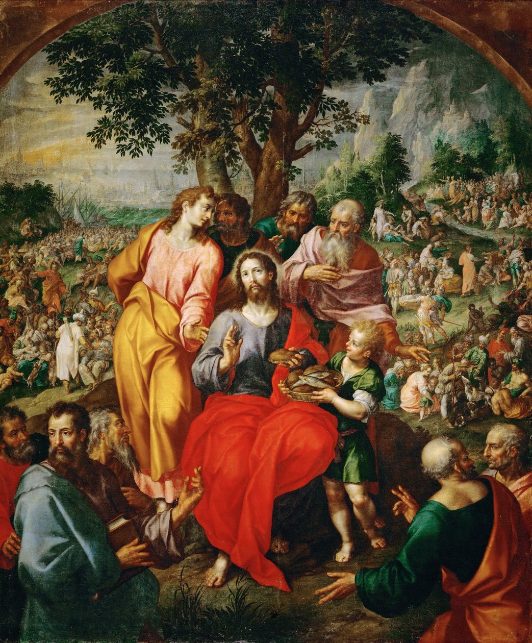 Viiden leivän ja kahden kalan ihme (Leipien kertominen) - Viiden leivän ja kahden kalan ihme, kirjoittanut Clerck, Hendrick, de (noin 1560-1630). Öljy kankaalle, n. 1590. Koko: 203x167 cm. Taidehistoriallinen museo, Wien tekijältä Hendrik de Clerck