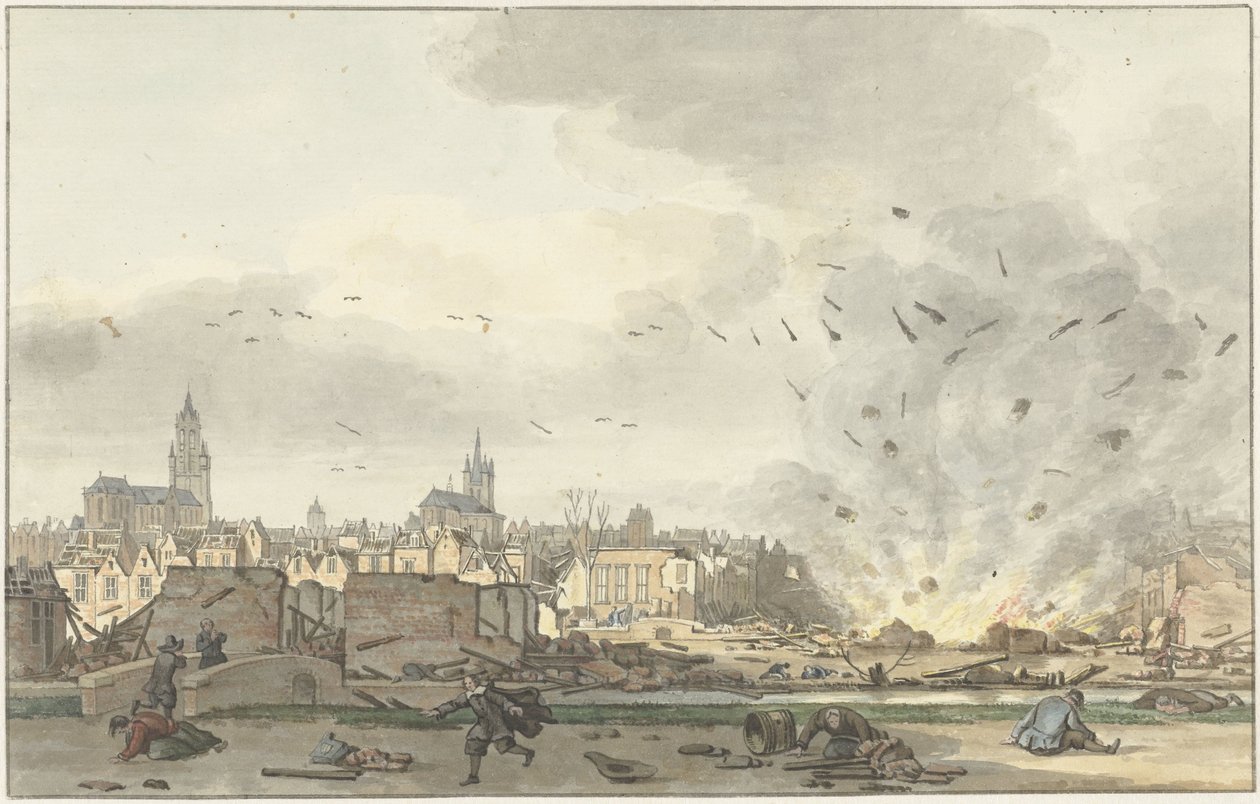 Kruithuisin räjähdys Delftissä 12. lokakuuta 1654 tekijältä Hendrik de Winter (signed by artist)