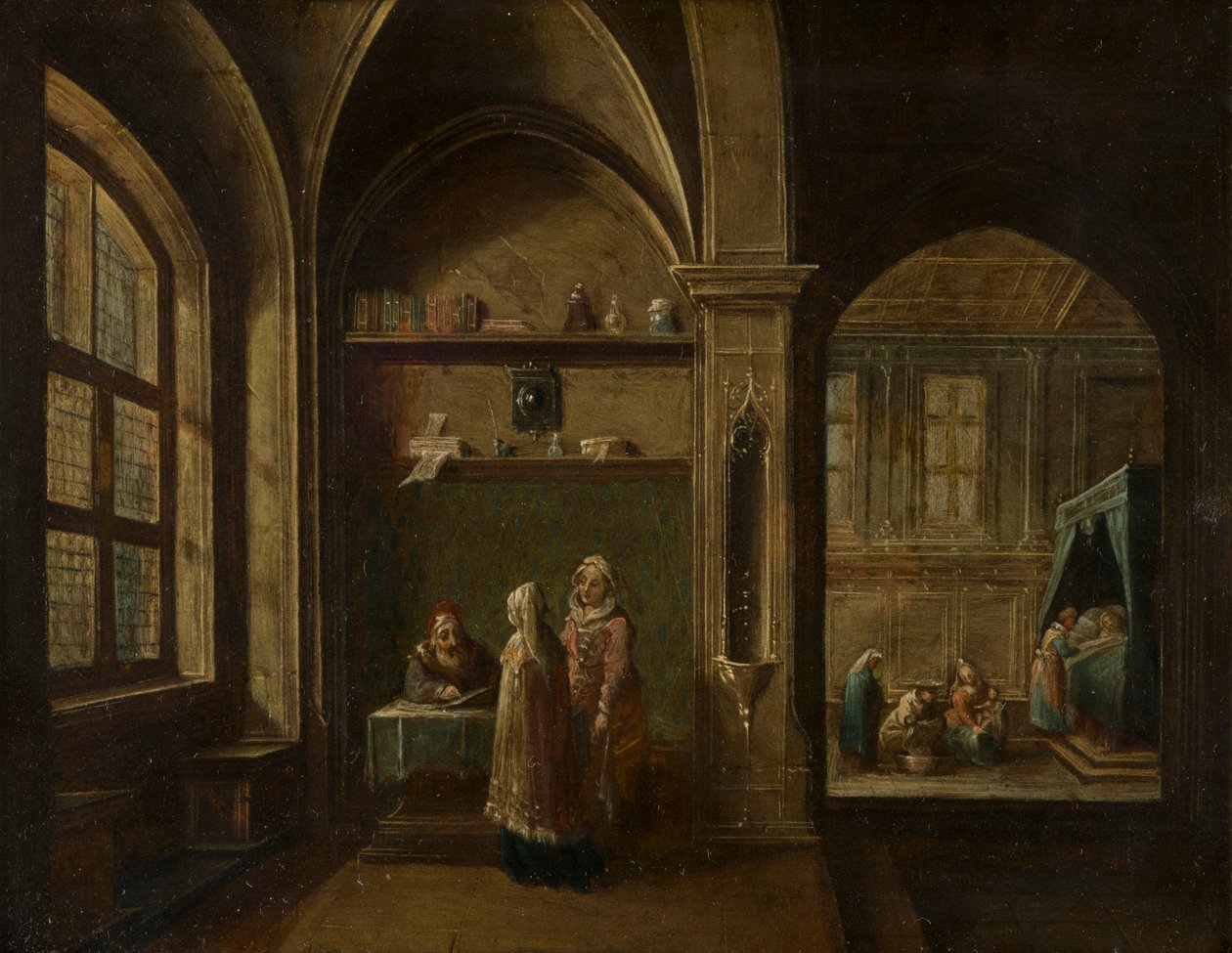 Renessanssinaikainen sisustus hahmoilla: Pyhän Johanneksen syntymä, n. 1600-49 (öljy kuparille) tekijältä Hendrik the Younger Steenwyck