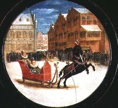 Talvimaisema, jossa on hahmoja hevosen vetämässä reessä (öljy kuparille) tekijältä Hendrik the Younger Steenwyck