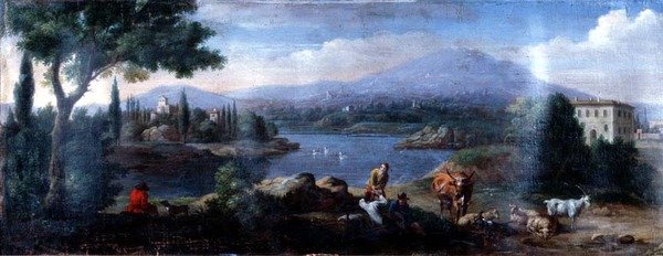 Italialainen maisema, jossa lehmänpaimenet lepäävät tekijältä Hendrik van (studio of) Lint