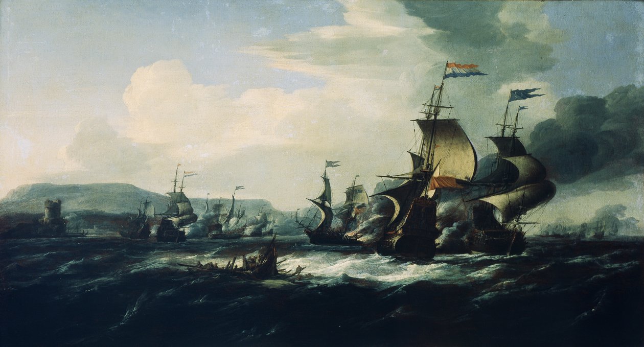 Hollantilaisten ja barbaarimerirosvojen välinen taistelu rannikon lähellä, 1600-luvun loppupuoli (öljymaalaus). tekijältä Hendrik van Minderhout