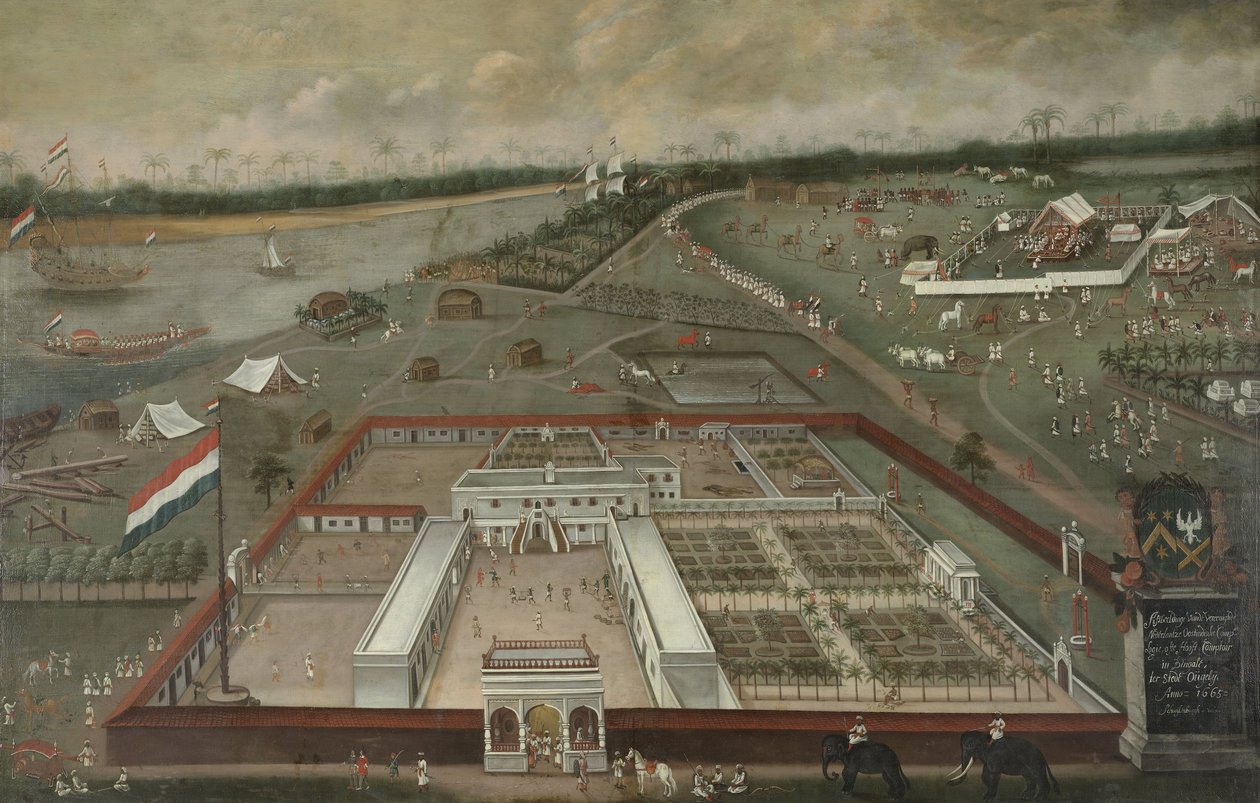 Hollantilaisen Itä-Intian yrityksen kauppapaikka Gangesin vieressä Hooghlyssa, Bengalissa, 1665 tekijältä Hendrik van Schuylenburgh