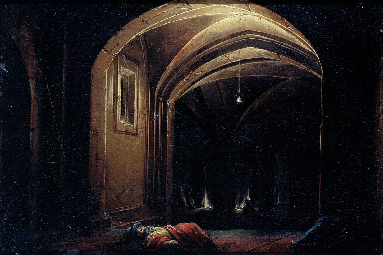 Miehet nukkuvat huoneessa, jossa on valaistu kaari tekijältä Hendrik van Steenwijck (I) (possibly)