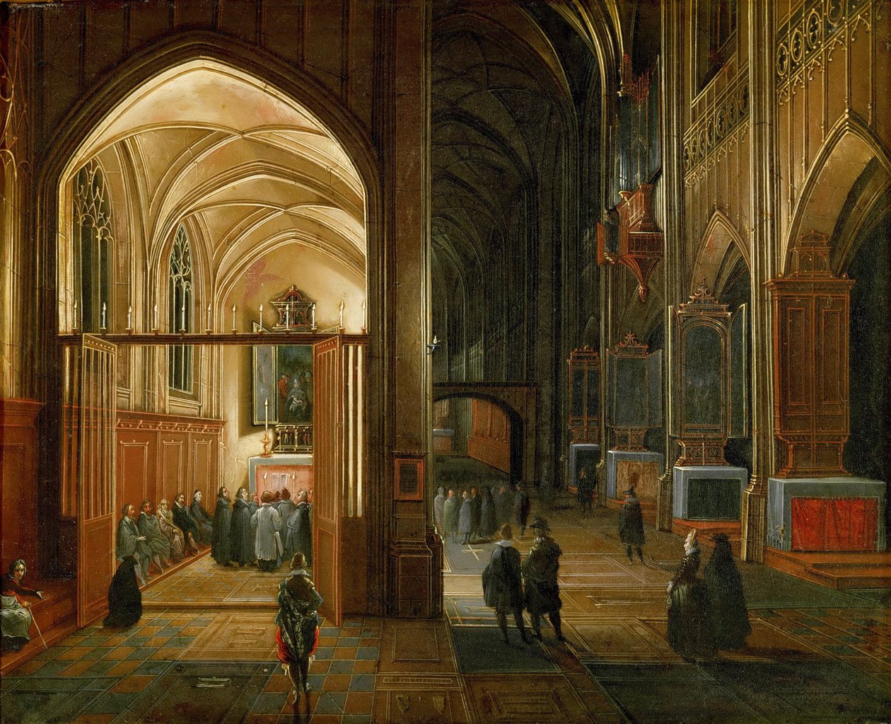 Iltapalvelu goottilaisessa kirkossa - Hendrick van Steenwyck, vanhempi (n. 1550-1603). Öljy kuparille, n. 1600. Mitat: 20,8 x 26,3 cm. Taidehistoriallinen museo, Wien tekijältä Hendrik van Steenwyck