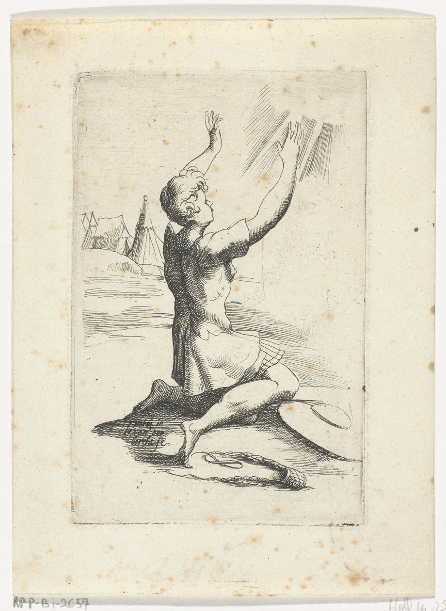 Knielende David Franin suunnittelema kirjanen erilaisista hahmoista. parmensis et säilytetty Arondelyna-kokoelmassa, 1638 (sarjan nimi) tekijältä Hendrik van der Borcht (II)