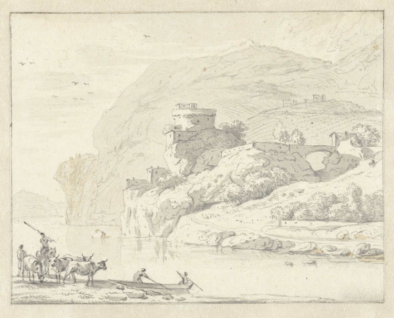 Italialainen vuoristomaisema, jossa porohoitajia ja karjaa sekä kaksi hahmoa joen ylittävässä veneessä tekijältä Hendrik van der Straaten (attributed to)