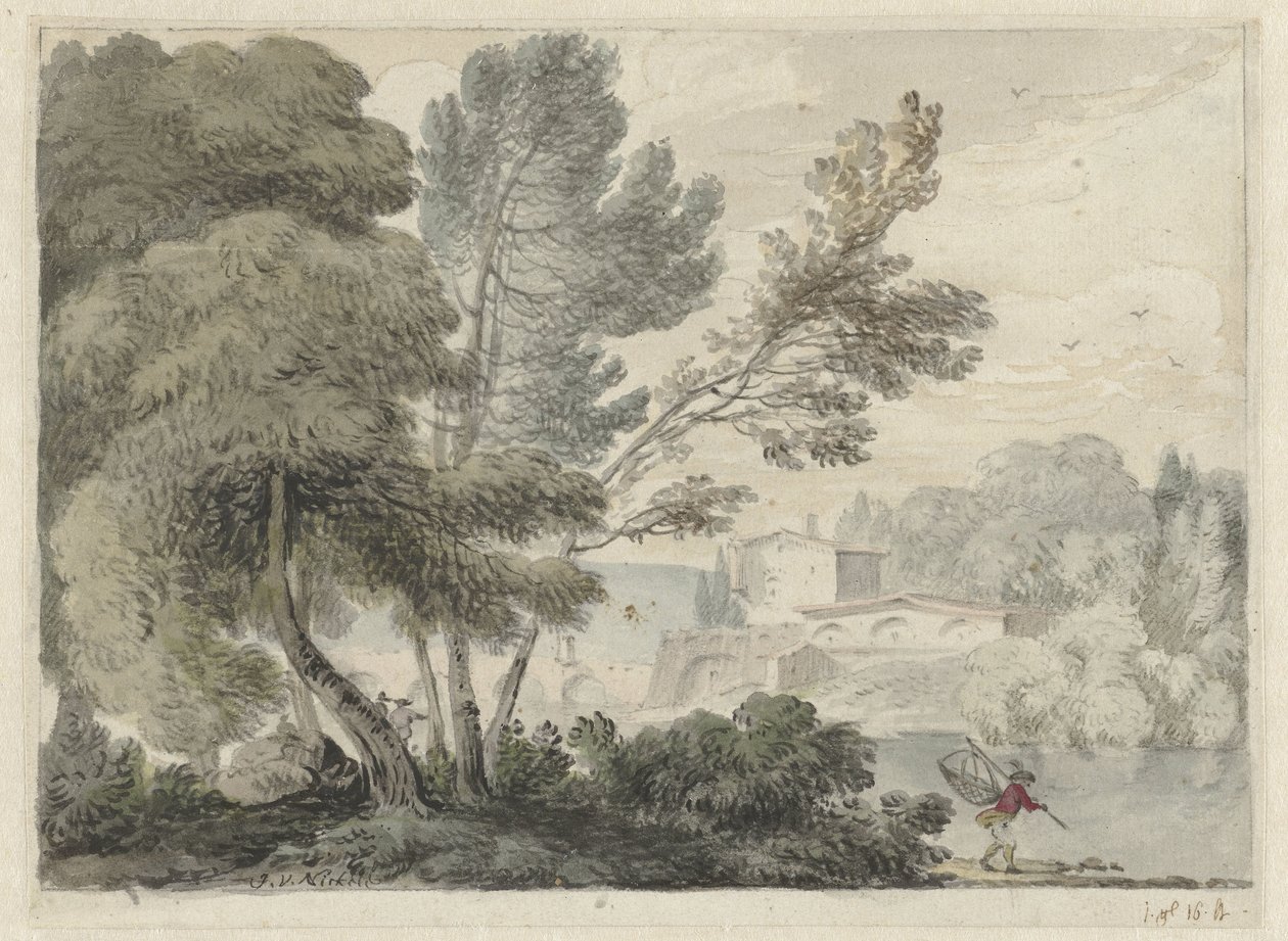 Jokimaisema, jossa mies, jolla on laskeutumisverkko etualalla tekijältä Hendrik van der Straaten (possibly)