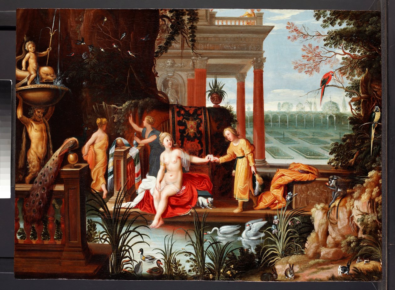 Bathsheba altaalla palvelijoineen, n. 1600-42 (öljy paneelille) tekijältä Hendrik van the Elder (circle of) Balen