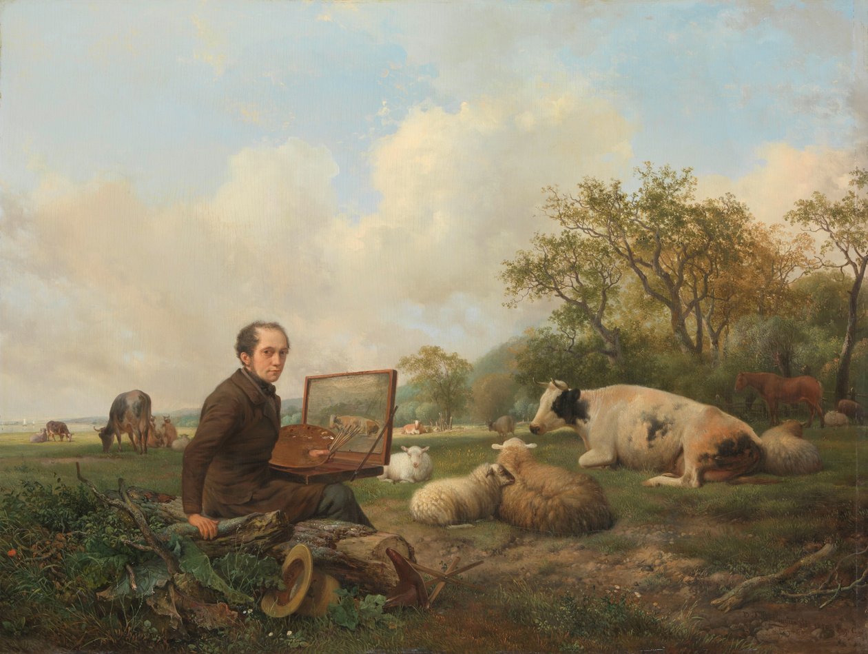 Taiteilija maalaa lehmän niityllä tekijältä Hendrikus van de Sande Bakhuyzen (signed by artist)